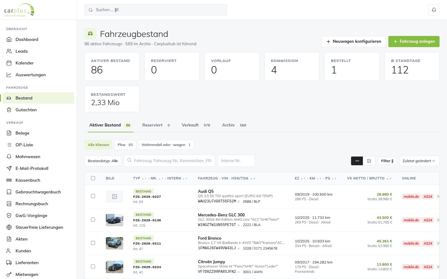 Bestandsliste mit Filtern und Kennzahlen
