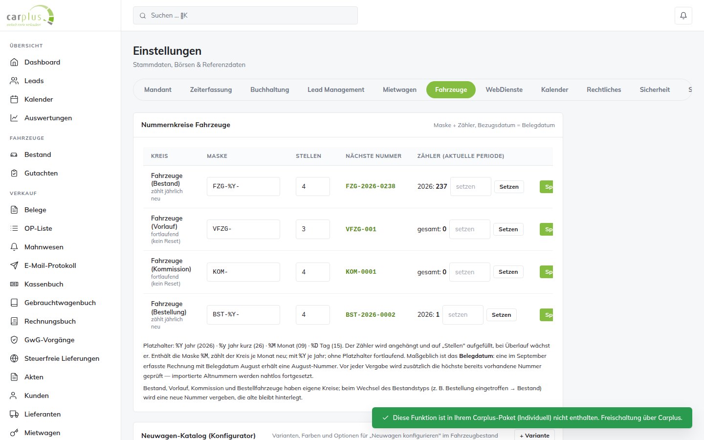 Einstellungen: DAT, mobile.de, AutoScout24, CarGarantie