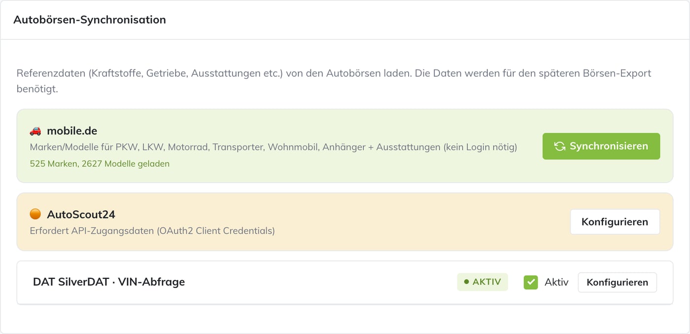 Integrationen: mobile.de, AutoScout24, DAT SilverDAT